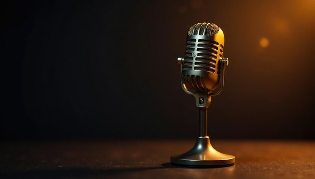 Vintage gold microphone on black background with warm lights, nostalgic, lighting, black