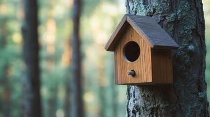Wooden birdhouse attached to a tree in a forest.