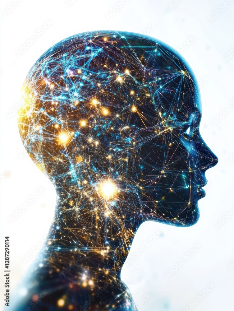 Poster Profile view of human head with neural connections and glowing synapses illustrating artificial intelligence and cybernetics. Generative AI