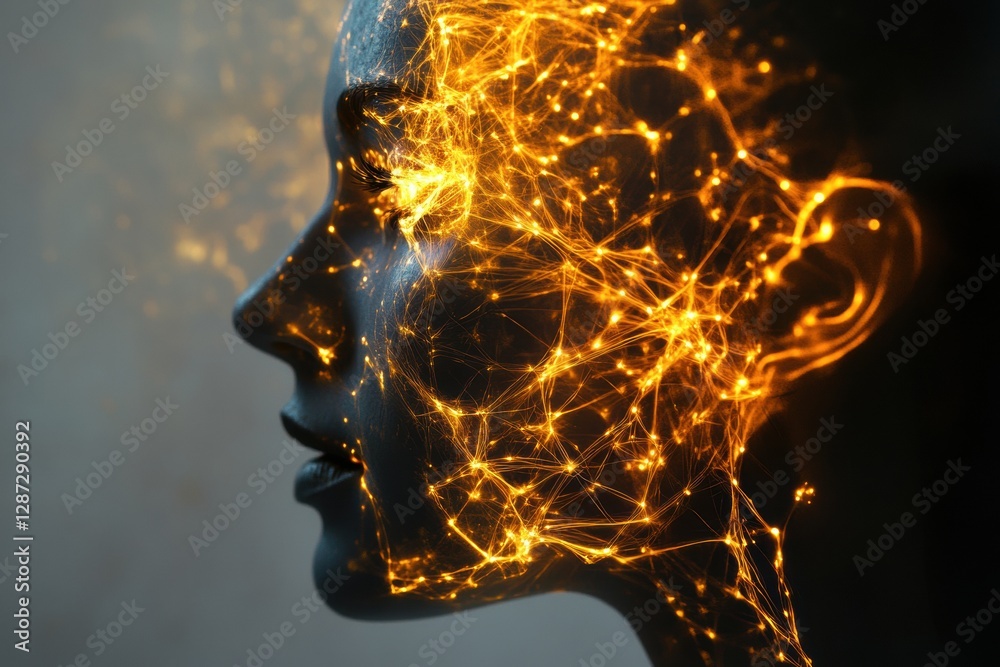 Poster Profile of a human head with intricate neural connections and glowing synapses, symbolizing advanced AI tech. Generative AI