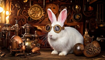 Weißer Hase Osterhase mit flauschigem weichen Fell und langen Ohren, einer Schutzbrille Pilotenbrille in einer technischen Umgebung mit mechanischen Erfindungen eines verrückten Erfinders Ingenieur