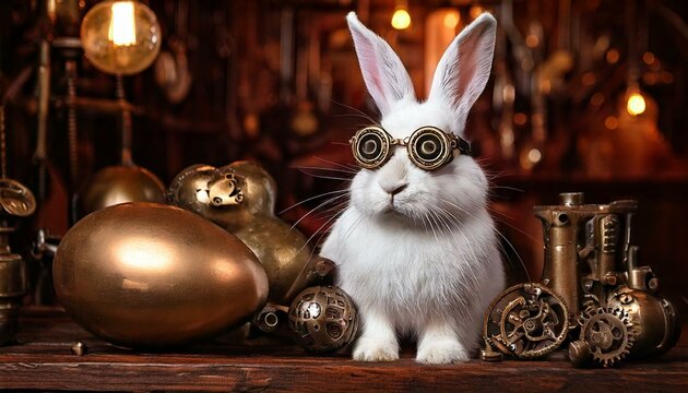 Wei&szlig;er Hase Osterhase mit flauschigem weichen Fell und langen Ohren, einer Schutzbrille Pilotenbrille in einer technischen Umgebung mit mechanischen Erfindungen eines verr&uuml;ckten Erfinders Ingenieur