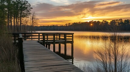 Serene sunset over a tranquil lake, wooden pier extending into the calm water.