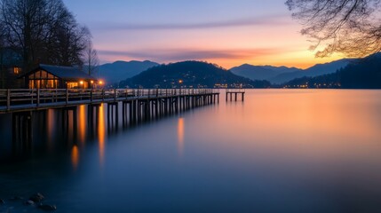 Obraz premium Serene sunset over a calm lake, a wooden pier extends to a house with warm lights.