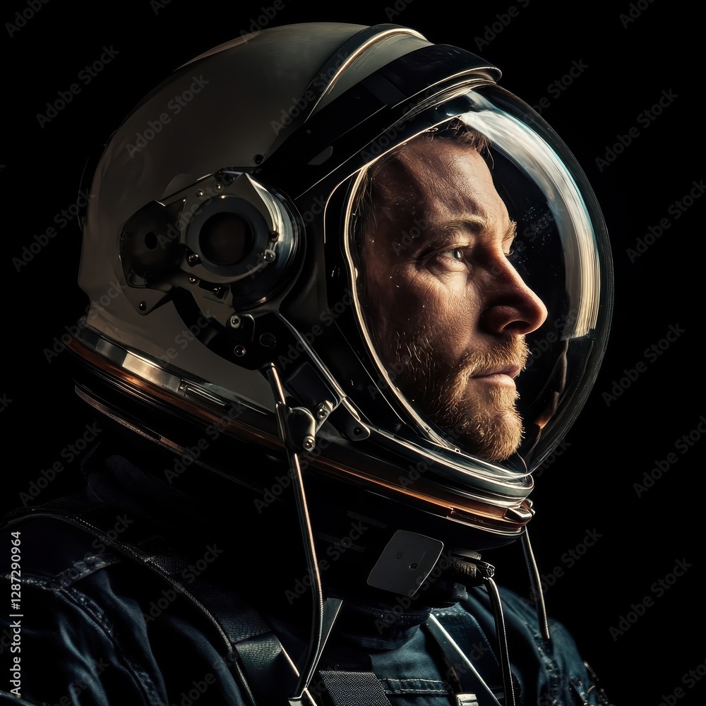 Poster astronaut contemplating space in reflective helmet