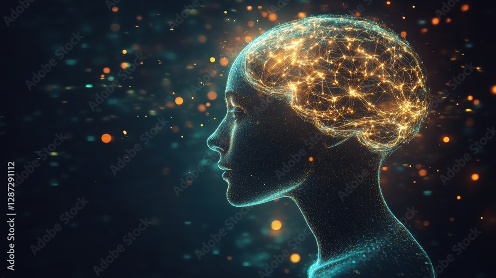 Poster Profile of a human head with glowing synapses and neural connections depicting artificial intelligence and cybernetic concepts. Generative AI