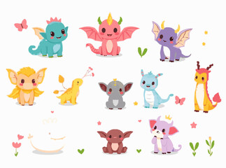 Cute Fantasy Creatures Set in Bright Colors for Children's Tales