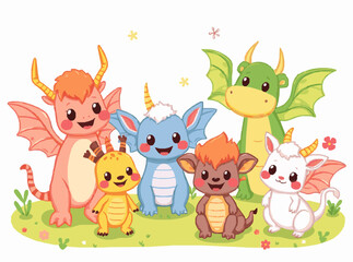 Cute Fantasy Creatures Set in Bright Colors for Children's Tales