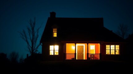 Night scene, cozy cabin, warm glowing windows, silhouette against dark sky, rustic architecture, peaceful atmosphere, rural setting, illuminated porch, moonless night, solitary dwelling, inviting ligh