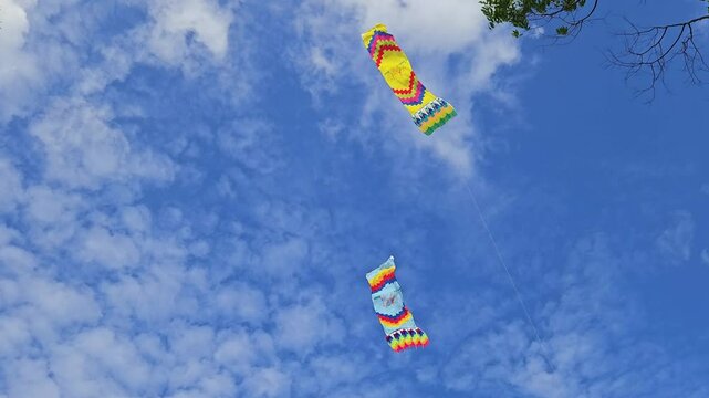 Bottom view of two colorful kites with intricate patterns soaring high in the bright blue sky, surrounded by soft, scattered clouds.