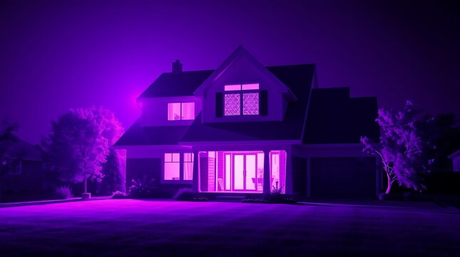 Suburban house at night, neon purple glow, dramatic lighting, retro synthwave aesthetic, vaporwave colors, dreamlike atmosphere, glowing windows, silhouetted trees, surreal ambiance, digital art style
