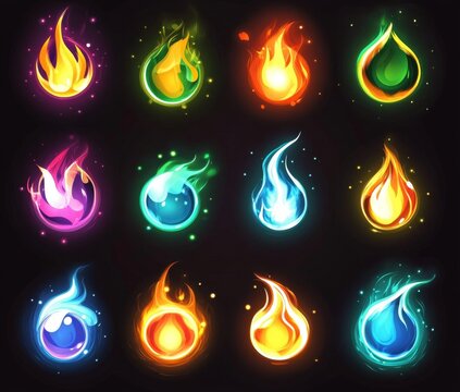 Colorful fireballs, game assets, dark background, magical effects