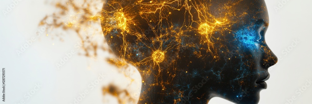Aufkleber Complex neural connections and glowing synapses showcase artificial intelligence within a human profile. Generative AI