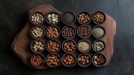 Assortment of nuts and seeds in small bowls on a wooden board.