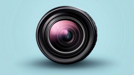 Close-up camera lens on pastel blue background