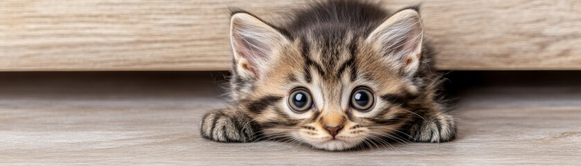 A curious kitten peeks out from under a surface, showcasing its big eyes and playful demeanor.