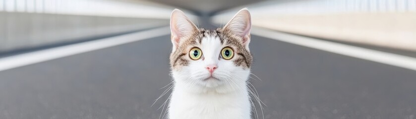 Obraz premium A curious cat sits in the middle of a road, looking surprised with wide eyes, framed by a blurred background of asphalt.
