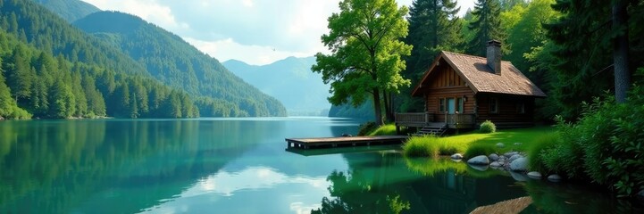 Dense foliage surrounding a secluded wooden cabin by a peaceful lake, lake, natural