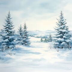 Fototapeta premium Snowy winter landscape, mountains, trees, postcard