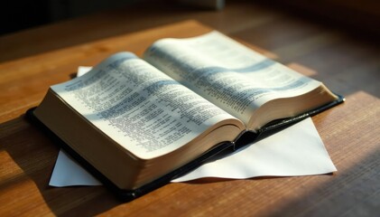 Obraz premium A closed Bible rests on a wooden table with a single sheet of paper folded under it, simple, desk, bible