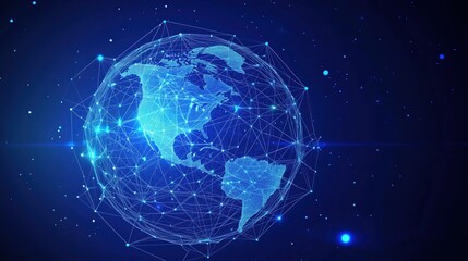 Illuminated Digital Globe with Interconnected Network Lines Against a Deep Blue Background Evoking a Sense of Global Connectivity
