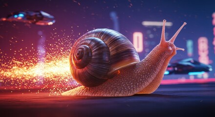 Snail Racing in Neon Cityscape with Futuristic Cars and Sparks