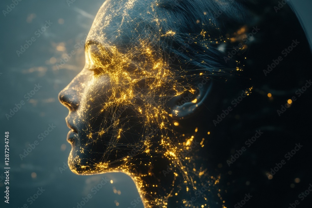 Poster human head profile glowing with neural connections reflects the essence of artificial intelligence a