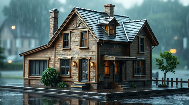 Cozy wooden cottage, rainy day, stormy weather, atmospheric lighting, warm glow from windows, detailed architecture, picket fence, misty background, moody scene, cinematic composition, realistic rende