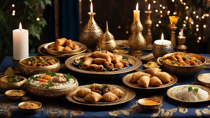 Fototapeta premium A Luxurious Festive Indian Feast: Golden Dishes and Warm Candlelight