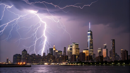 Obraz premium Awe inspiring spectacle captures cityscape under dramatic lightning, evoking sense of power and wonder