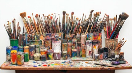 An artist's messy workspace with paintbrushes and paint.