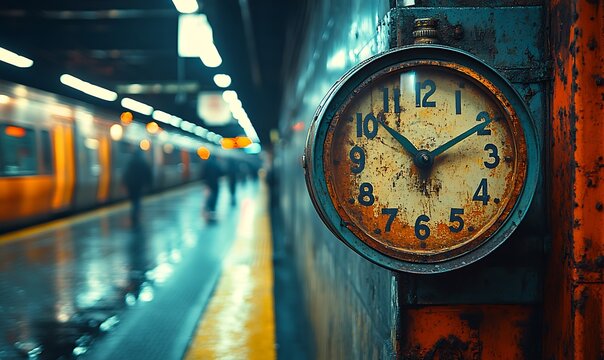 Subway Station Clock, Waiting Passengers - Powered by Adobe