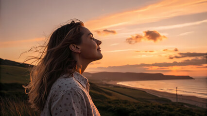 Woman sunset portrait evokes serenity, enjoying golden hour on cliffside, feeling peaceful and content