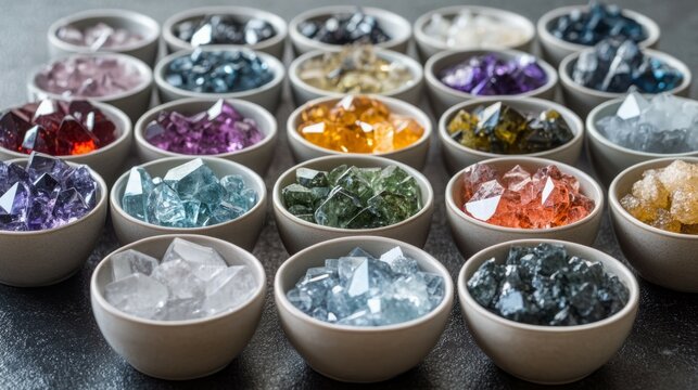 Vibrant collection of colorful crystals in small bowls.