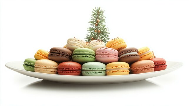 A plate of colorful macarons with a mini pine tree.