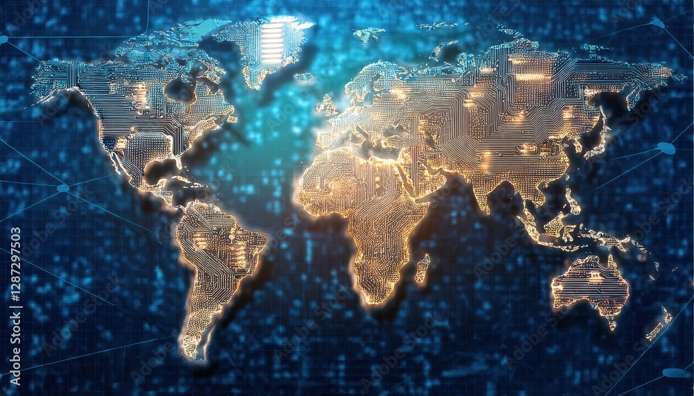 Poster digital world map with binary code overlay