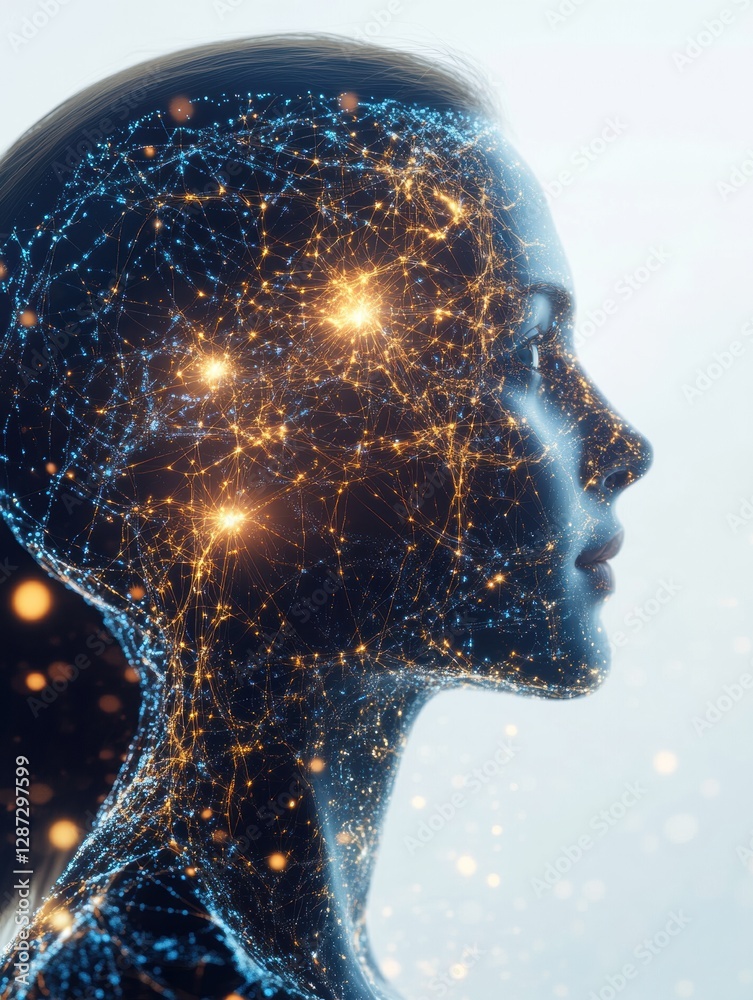 Poster Profile view of a human head showcasing glowing neural connections representing artificial intelligence and cybernetics. Generative AI