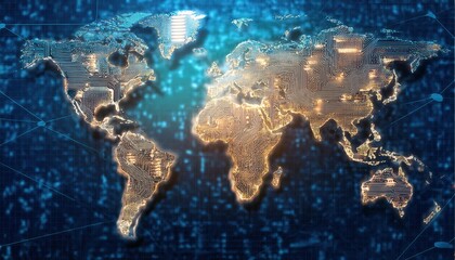 Digital World Map with Binary Code Overlay