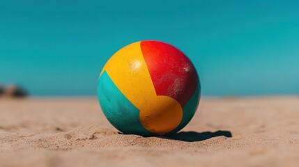 Obraz premium A colorful beach ball rests on sandy shores, set against a clear blue sky, evoking a vibrant and playful summer atmosphere.