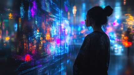 Fototapeta premium A Woman Gazing at a Futuristic Digital Cityscape
