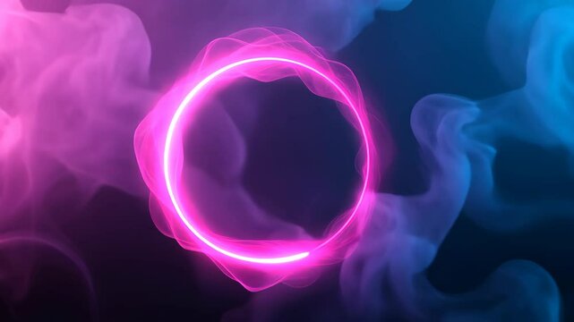 Neon Plasma Ring Illuminated Against Dark Smoky Background in Vibrant Colors, 3D Abstract Animation for Futuristic Design