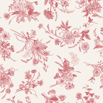 Seamless pattern with flower arrangements. Bouquets with flowers and berries. Vintage background. Red