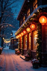 A building's exterior is adorned with festive holiday lights, holiday decorations, snowy night, colorful lanterns