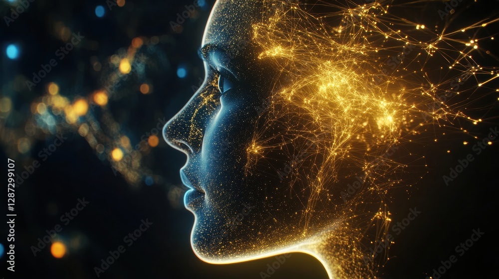 Poster the side view of a human head reveals intricate neural connections and luminous synapses, symbolizin