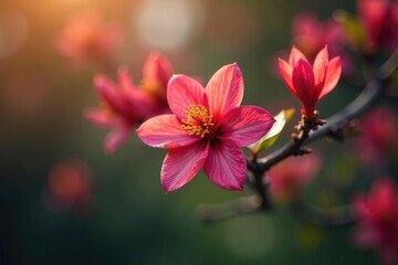 Fototapeta premium Maroon and yellow tree flower in full bloom on a branch with leaves, bloom, flowers, nature