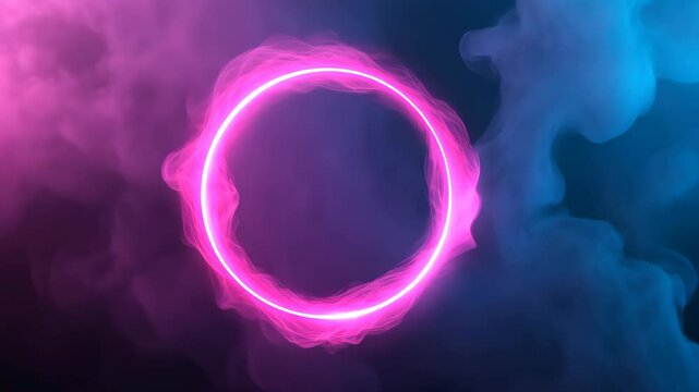 Neon Plasma Ring Illuminated Against Dark Smoky Background in Vibrant Colors, 3D Abstract Animation for Futuristic Design