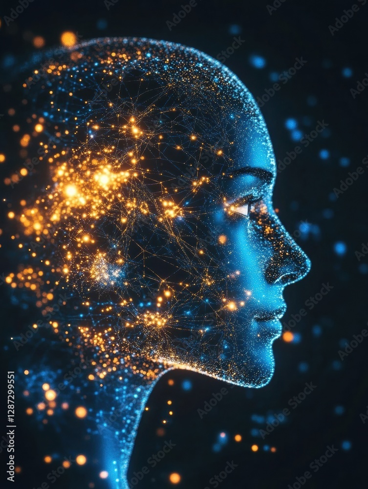 Leinwandbilder Profile of a human head illuminated by complex neural connections and glowing synapses showcasing artificial intelligence. Generative AI
