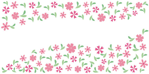 Spring floral and green leaves background. Spring flower and leaves decoration illustration for spring blooming design. Vector illustration.