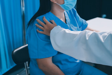 Closeup, doctor holding hands with senior woman and cancer care or support. Healthcare or trust,...
