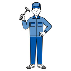 ハンマーを持つつなぎ作業服の男性（全身）